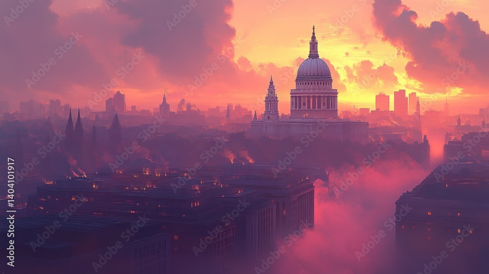 Obraz premium London cityscape at sunset, enveloped in a mystical fog
