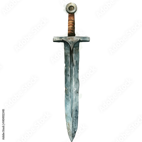 Battle-worn Broadsword, vector watercolor illustration, isolated on a white background.