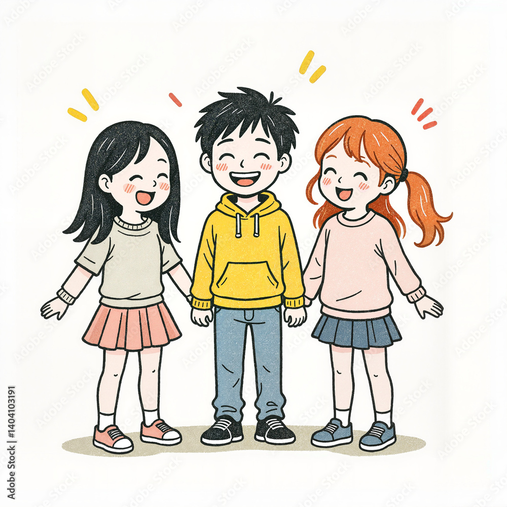 Happy children holding hands and smiling against a light background Happy children holding hands and smiling against a light background