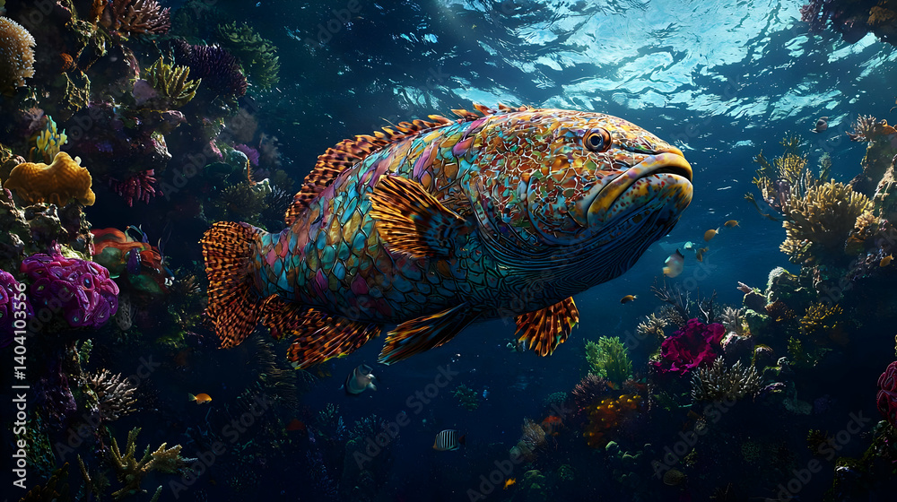 Obraz premium Pixelated Fish Swimming Through Vibrant Colorful Coral Reefs In Deep Blue Ocean Water