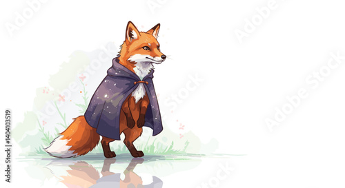 Fox character in a cloak standing proudly with a whimsical background and copy space