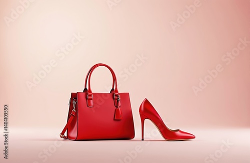Red high-heeled shoe handbag set on pink background. Fashion accessories, style concept, shopping illustration. Luxury, elegance, design render, high heels, leather bag, vogue, glamour, stylish.