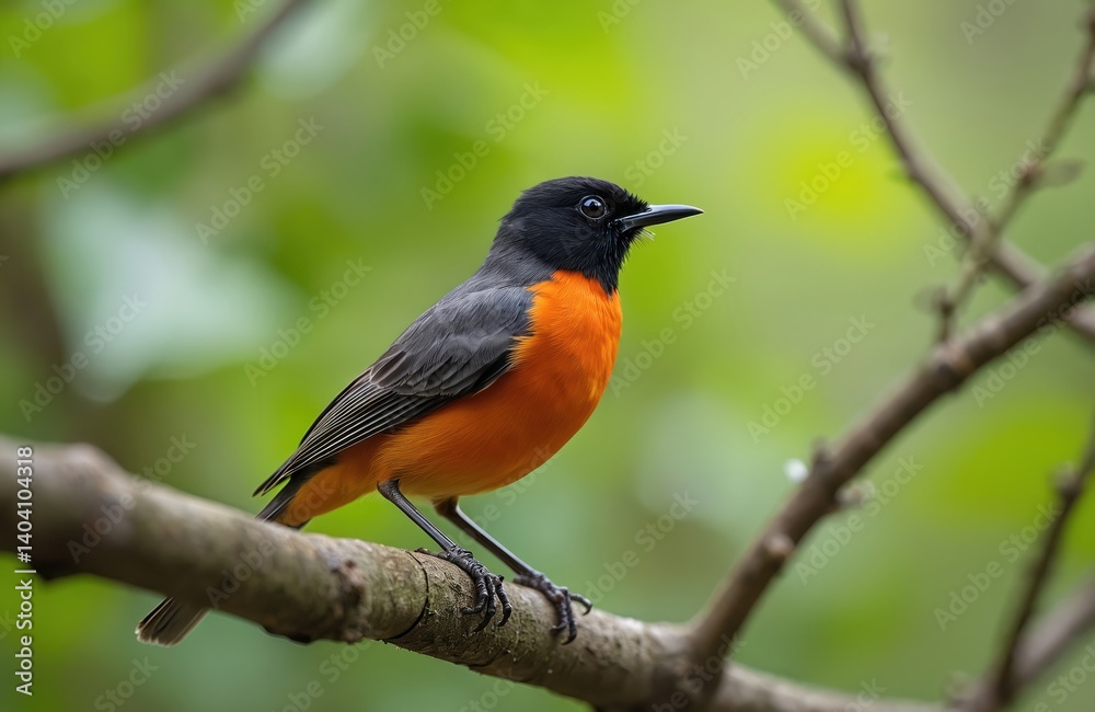 Common redstart Phoenicurus phoenicurus perched on tree branch. Male bird with orange plumage, grey wings, black head. Wildlife in natural habitat, animal sitting at tree branch, European fauna, Common redstart Phoenicurus phoenicurus perched on tree branch. Male bird with orange plumage, grey wings, black head. Wildlife in natural habitat, animal sitting at tree branch, European fauna,