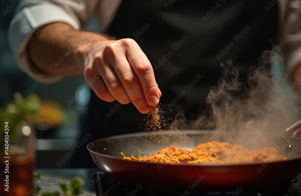 Chef adds aromatic spices to hot, steaming frying pan. Delicious dinner preparing in restaurant kitchen. Culinary art with pepper, herbs and ingredients. Professional cook at work, food concept.
