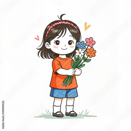 Cute girl holding flowers with a joyful smile  