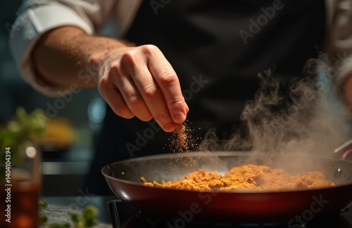 Obraz na płótnie Chef adds aromatic spices to hot, steaming frying pan. Delicious dinner preparing in restaurant kitchen. Culinary art with pepper, herbs and ingredients. Professional cook at work, food concept. w salonie