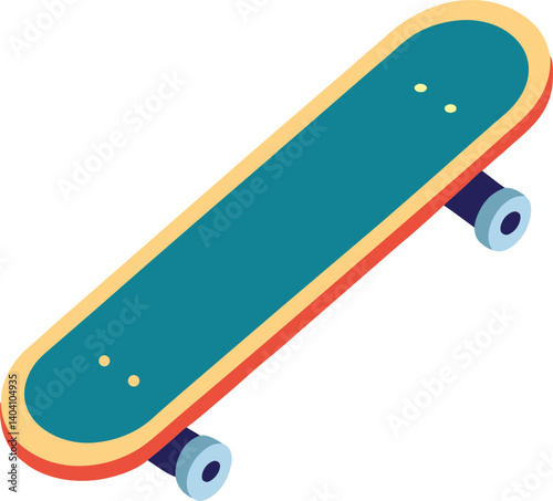 Isometric Illustration of a Teal Skateboard with Red and Yellow Accents