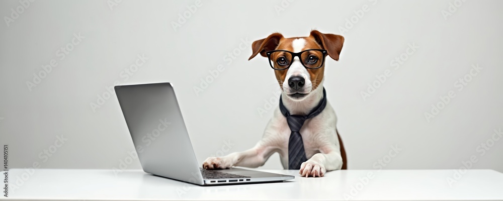 Jack Russell terrier dog wears glasses tie working on laptop computer. Funny business concept, dog employee, programmer or manager. White background, smart, professional, successful, corporate office.