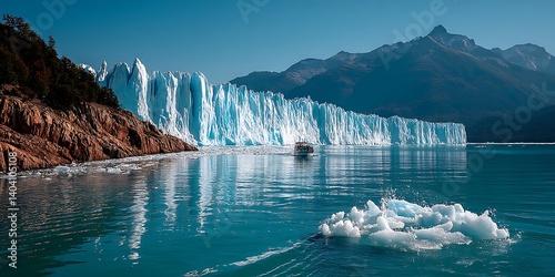 Glacier with Boat, and Icebergs.