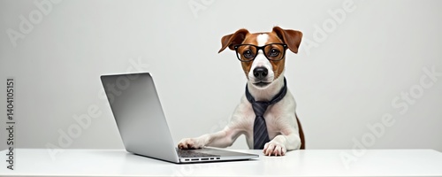 Obraz na płótnie Jack Russell terrier dog wears glasses tie working on laptop computer. Funny business concept, dog employee, programmer or manager. White background, smart, professional, successful, corporate office. w salonie