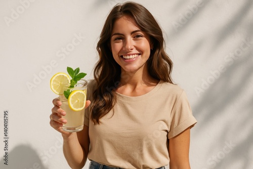 Smiling woman holding refreshing lemonade with lemon slices  