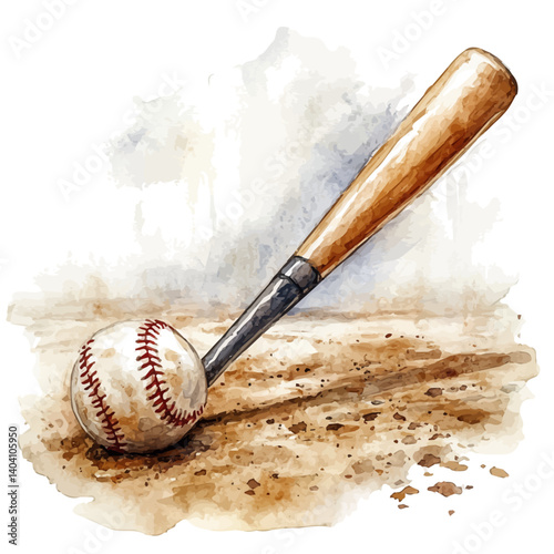 illustration of Baseball Bat And Ball On A Dusty Diamond, watercolor vector, isolated on a white background.