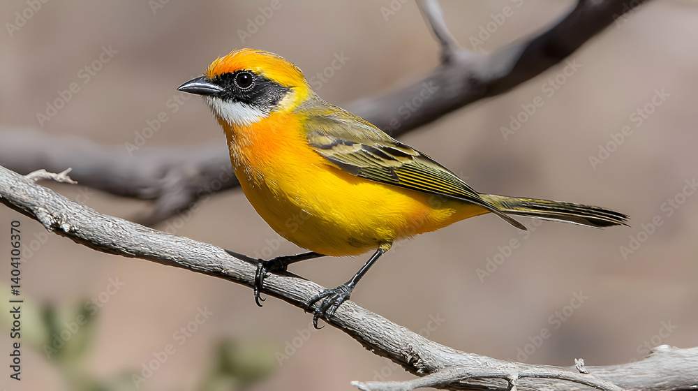 Fototapeta premium Vibrant Yellow Bird Perched on a Grey Branch