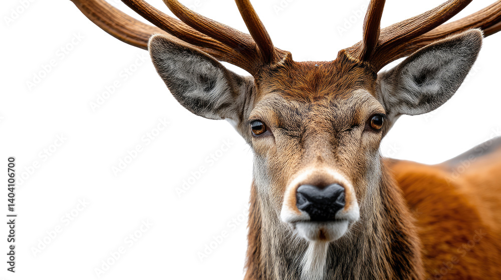 Obraz premium Majestic Red Deer: A majestic red deer stag, its antlers spreading wide against a clean background, stares directly at the camera, showcasing its raw power and timeless beauty.