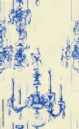 Seamless pattern with hand-drawn vintage chandeliers in cobalt blue on a light background. Classic luxurious style, perfect for textiles, wallpaper, and elegant decorative design.
