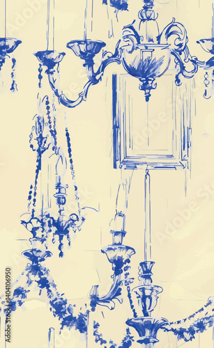 Seamless pattern with hand-drawn vintage chandeliers in cobalt blue on a light background. Classic luxurious style, perfect for textiles, wallpaper, and elegant decorative design.