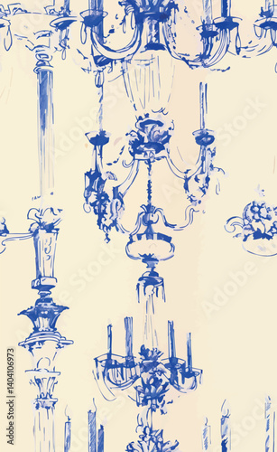 Seamless pattern with hand-drawn vintage chandeliers in cobalt blue on a light background. Classic luxurious style, perfect for textiles, wallpaper, and elegant decorative design.