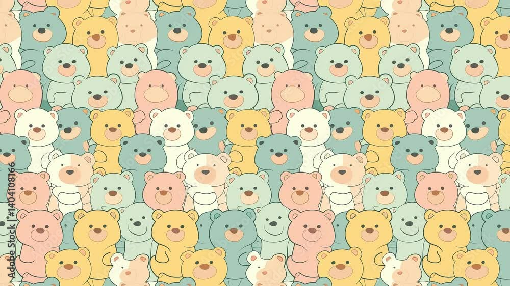 Looping pastel teddy bear pattern background with soft colors.