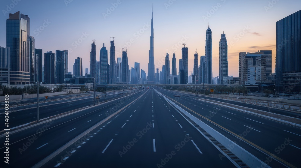 Dubai's modern skyline vista at twilight hour overlooking the highway Dubai's modern skyline vista at twilight hour overlooking the highway