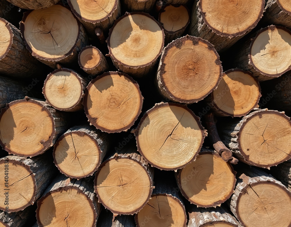 Close-up stack of dry chopped firewood. Background texture of round timber logs, prepared for winter heating. Brown wooden logs show tree rings. Natural fuel, eco-friendly resource. Close-up stack of dry chopped firewood. Background texture of round timber logs, prepared for winter heating. Brown wooden logs show tree rings. Natural fuel, eco-friendly resource.