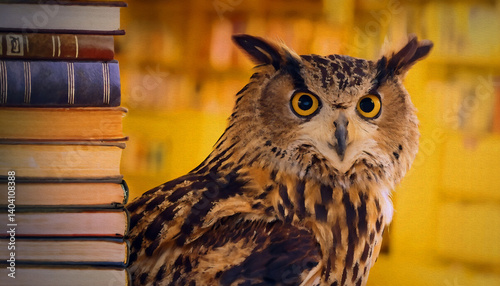 Wallpaper Mural oil painting style Owl in a library yellow background illustration Torontodigital.ca