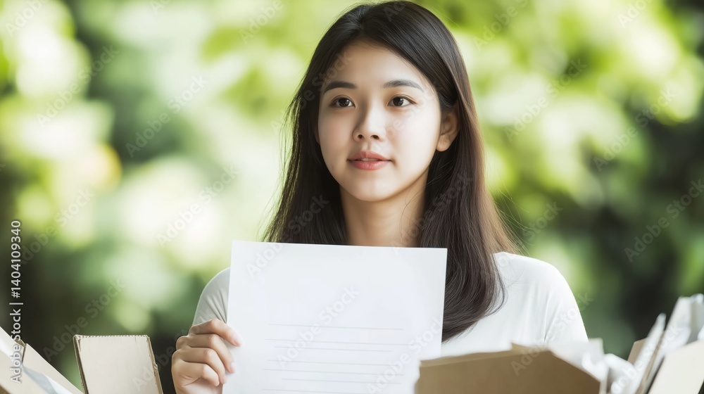 Young asian woman holding resignation letter while surrounded by cardboard boxes in a park setting Young asian woman holding resignation letter while surrounded by cardboard boxes in a park setting