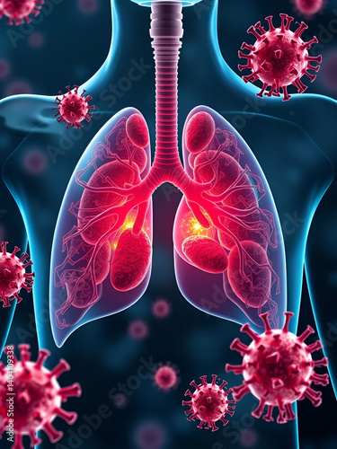 Respiratory virus infection illustrated with detailed 3D lungs and viral structures in a medical context.
