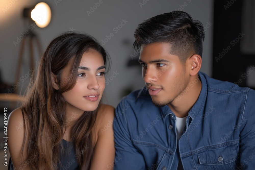 Young Latino couple shares exciting news in a bright studio setting, expressing happiness and engagement Young Latino couple shares exciting news in a bright studio setting, expressing happiness and engagement