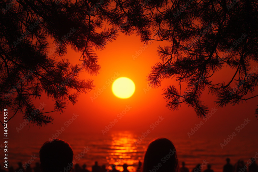 Silhouettes of people watching ocean sunset through pine branches with glowing red sky and golden reflection on water for romantic, peaceful and nature appreciation themes