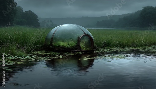 Glass Dome Hut on Misty Lake.