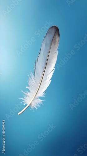 Delicate gray feather floating against a serene blue gradient background, symbolizing peace, tranquility, and freedom, ideal for mindfulness blogs or spiritual wellness websites.