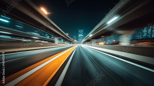Road perspective with motion blur shows city lights at night under overpasses.