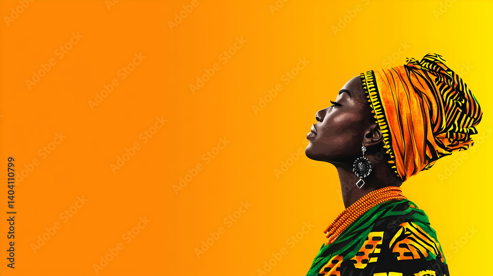 Obraz premium Profile Portrait Of A Woman Wearing Headscarf Jewelry And Colorful Attire Against Yellow Background