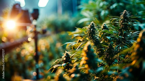 Weed News concept. Photographer capturing cannabis plants. Backlit composition with artificial lighting. Horticulture photography Modern concept.