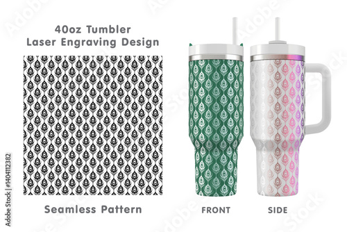 Peacock feathers tileable pattern. Seamless laser engraving design for 40oz tumbler. Full tumbler wrap. Vector illustration.