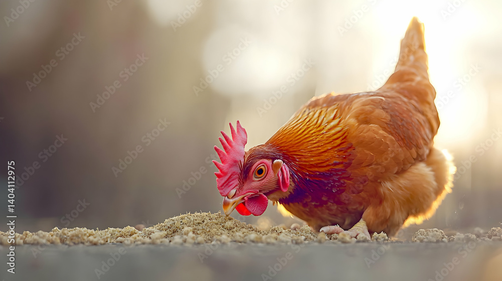 Fototapeta premium Brown Chicken Eating Grain On The Ground With Golden Sunlight And Blurred Background