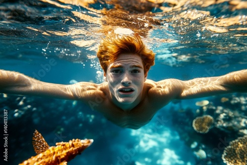 Encounter with dangerous reef scorpionfish while snorkeling. Dangerous venomous scorpionfish and fear and horror young man swims among the corals. Coral reef dangers. Man in underwater peril.