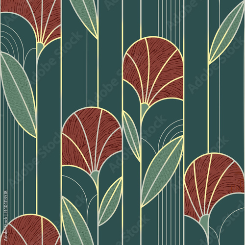 Elegant 1920s Art Deco floral pattern. This seamless design features stylized leaves and bold curves in rich green and gold tones. Ideal for vintage textiles, wallpapers, packaging, and fashion.
