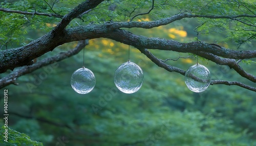 Glass orbs hanging from branches, forest backdrop