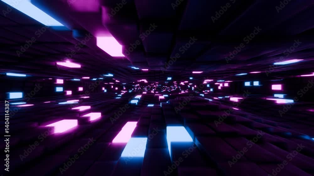 abstract 3d squares animation, travel in a futuristic glowing tunnel, 4k seamless vj loop, motion graphic background video, wallpaper backdrop