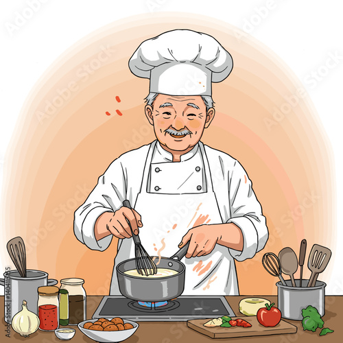 Cheerful elderly chef cooking in a kitchen with various ingredients around him