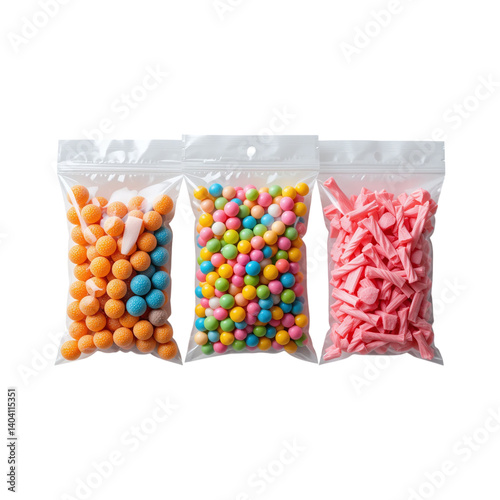 Colorful candy in transparent plastic packets with different sweets and jelly beans isolated on transparent background