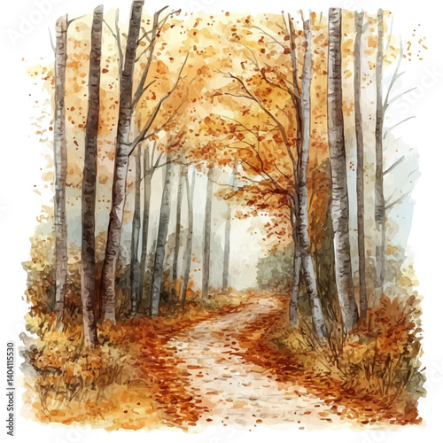 Autumn Forest Path With Fallen Leaves, vector watercolor illustration, isolated on a white background.
