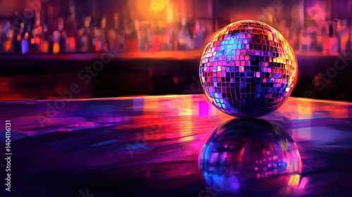 A vibrant disco ball reflecting colorful lights on a bar counter in a lively nightlife setting