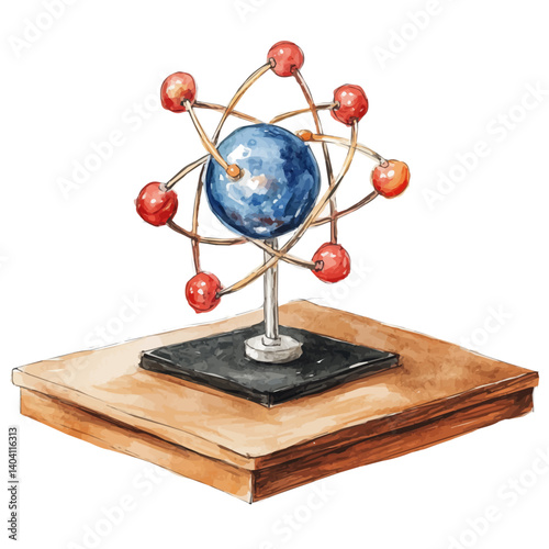 Atomic Model Displayed On A Laboratory Desk, watercolor vector, isolated on a white background.