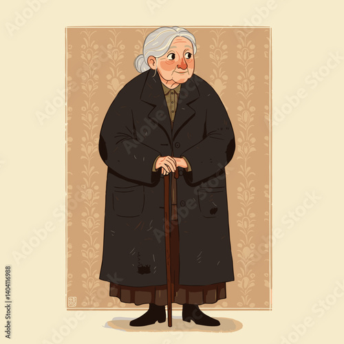 A kind older woman in a long stick coat with a warm expression against a patterned background
