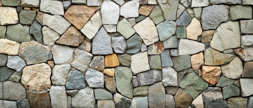 Close-up of a stone wall with various sizes and shades of gray, brown, and green rocks. Close-up of a stone wall with various sizes and shades of gray, brown, and green rocks.