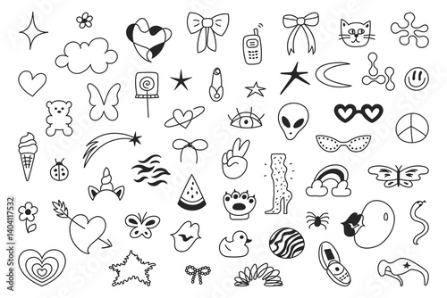Cute doodle y2k vector elements set. Coquette and boho girlish retro illustrations in line.