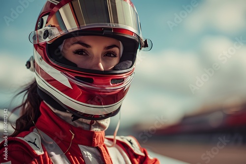A focused racing driver in a red suit and helmet stands at the racetrack, preparing for an upcoming race. Bright sun illuminates the determination in her eyes as she awaits her moment