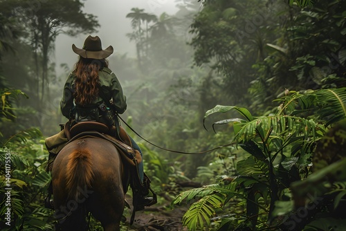 A person on horseback navigates through a lush, green jungle filled with tall plants and trees. Mist hangs in the air, creating a mysterious atmosphere